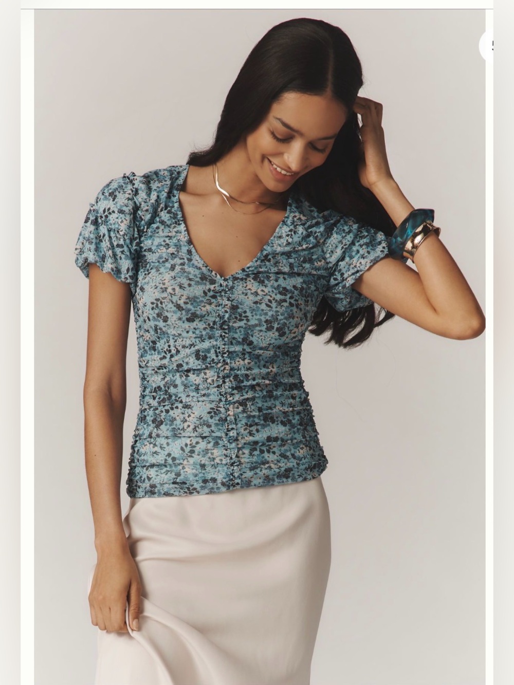 Anthropologie Floral Romantic Boho Shirred Mesh Ruched Stretchy Top Size XS